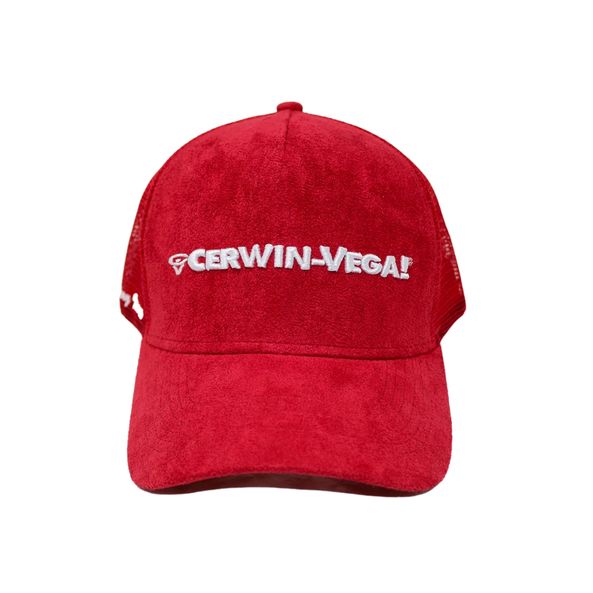 The Cerwin-Vega Suede Trucker Hat (Factory Issue) - CVMFI features a red suede front with a mesh back, white 