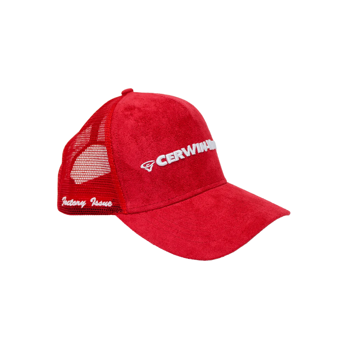 The Cerwin-Vega Suede Trucker Hat features a red mesh back, red suede front, 