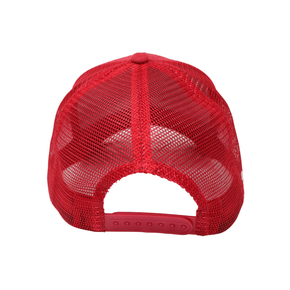 The Cerwin-Vega Suede Trucker Hat (Factory Issue) - CVMFI, shown from the back, features a red mesh design with perforations for ventilation and an adjustable snapback closure with a strap, making it a simple and casual go-to accessory.