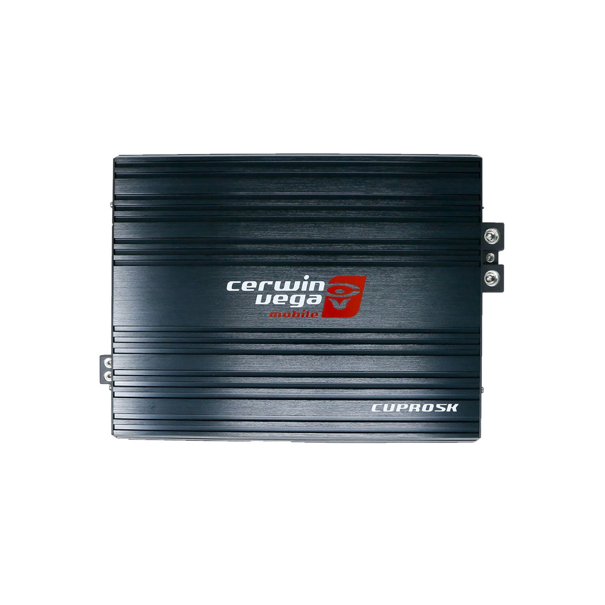 The CVP Pro Amplifier by Cerwin Vega features a sleek black rectangular design with a glossy finish. A white and red logo is centered, while silver terminals are on the side for connections. The model number 