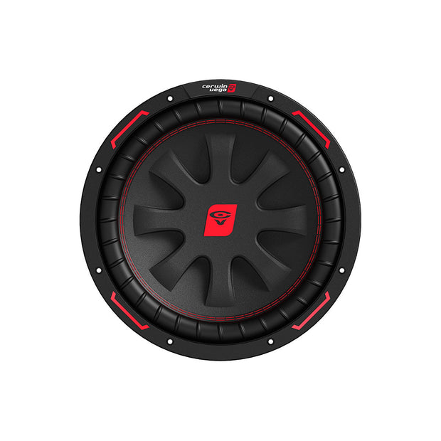 The CVP Series Single 10" Door Buster Deal features a round black audio speaker with an eye-like central logo and red accents. Its outer ring has red stitching and wave patterns. Part of the Cerwin-Vega Performance series, its top edge reads "CERWIN-VEGA! Vmax," perfect for subwoofers.