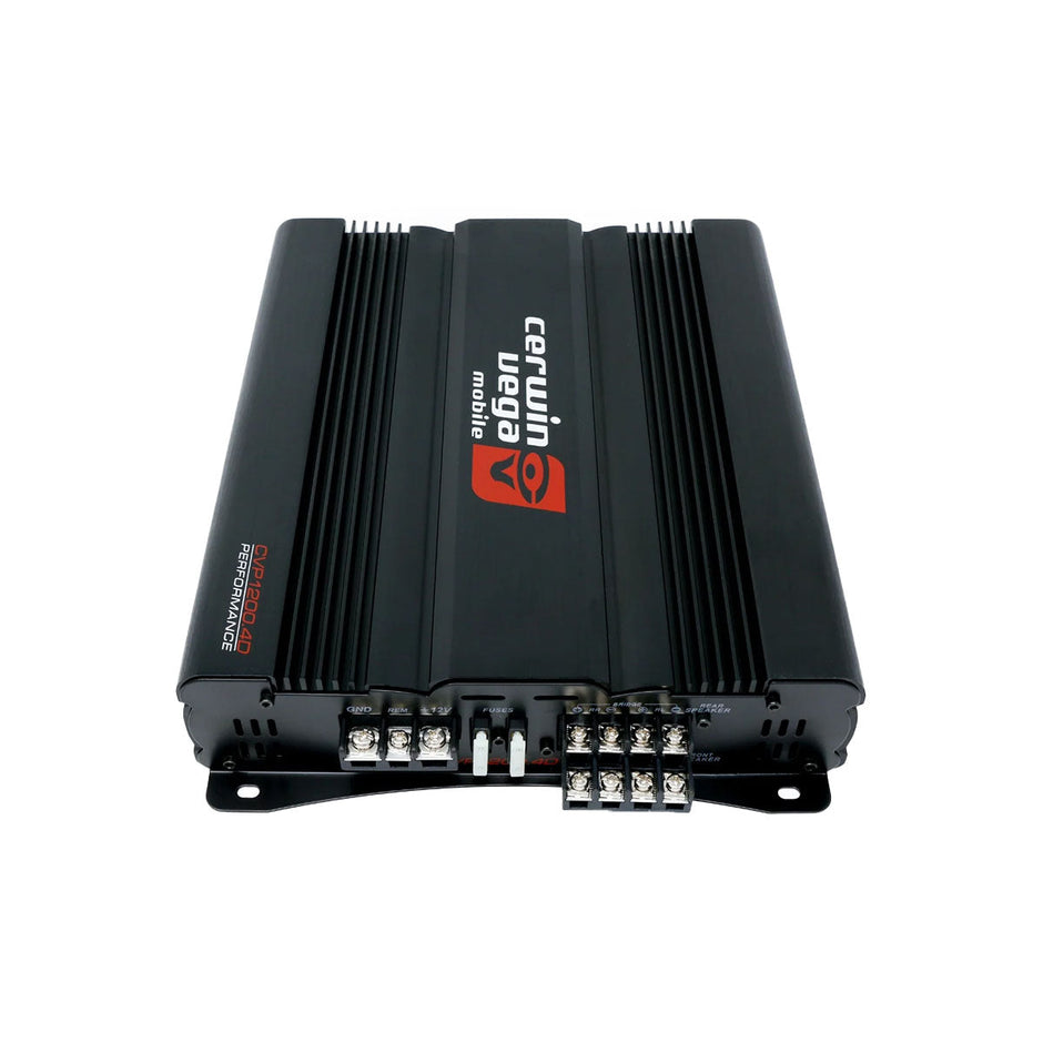 The sleek, compact black CVP SERIES 4-Channel Class-AB Amplifier (CVP1200.4D) from Cerwin Vega's Performance Series boasts ribbed sides for cooling, a red logo, extreme bass delivery, multiple connection ports, and clearly labeled front power and audio inputs.