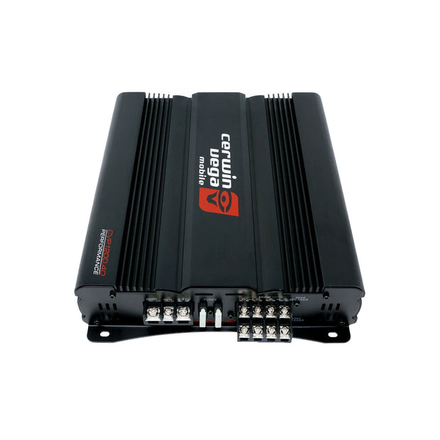 The sleek, compact black CVP SERIES 4-Channel Class-AB Amplifier (CVP1200.4D) from Cerwin Vega's Performance Series boasts ribbed sides for cooling, a red logo, extreme bass delivery, multiple connection ports, and clearly labeled front power and audio inputs.