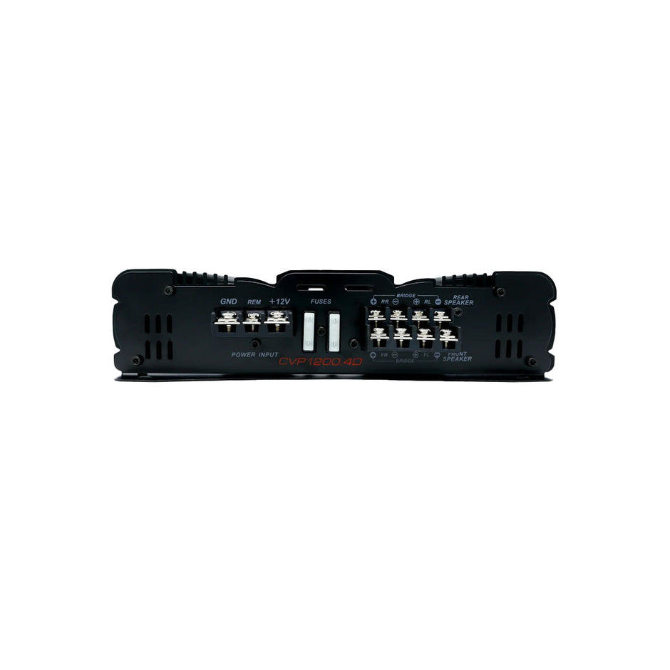 Rear view of a black CVP Series 4-Channel Class-AB Amplifier by Cerwin-Vega, featuring white connectors labeled GND, REM, 12V, visible fuses, and model marking 