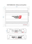 Diagram of the CVP SERIES 4-Channel Class-AB Amplifier - CVP1200.4D features top and side views with dimensions: 12.4