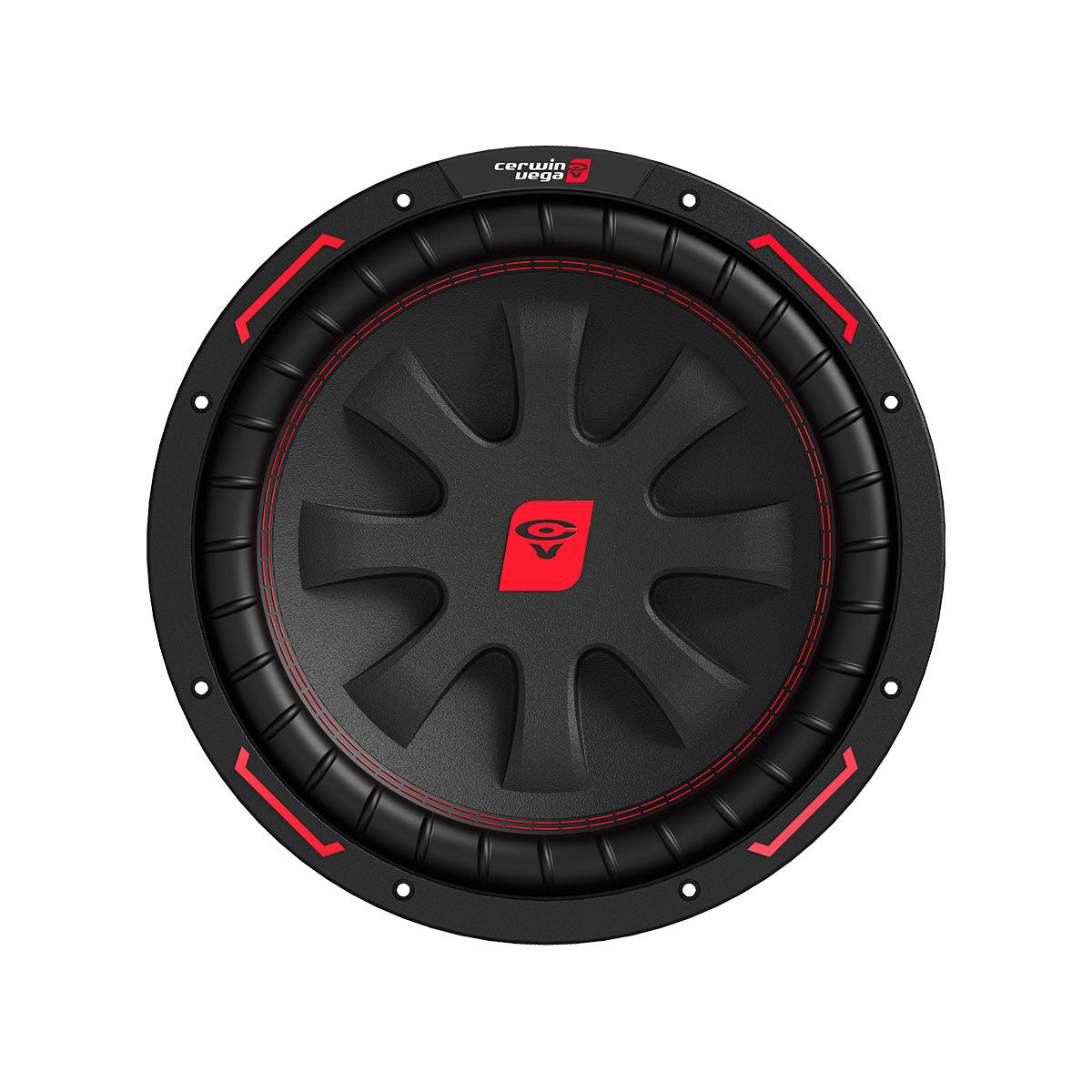 The CVP Subwoofers by Cerwin Vega feature a black design with red accents, including a sleek concave center displaying the brand's red and white logo. The outer rim is black with red stitching and four evenly spaced red rectangular markings.