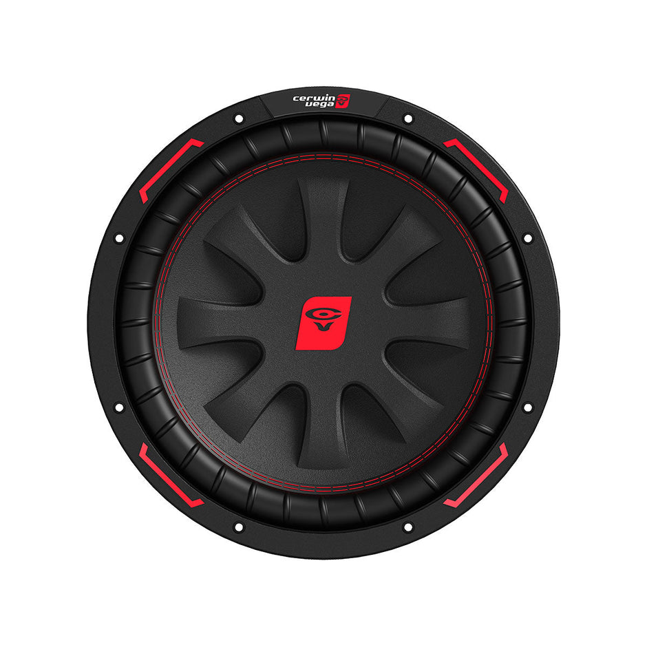 The CVP Subwoofers by Cerwin Vega feature a black design with red accents, including a sleek concave center displaying the brand's red and white logo. The outer rim is black with red stitching and four evenly spaced red rectangular markings.