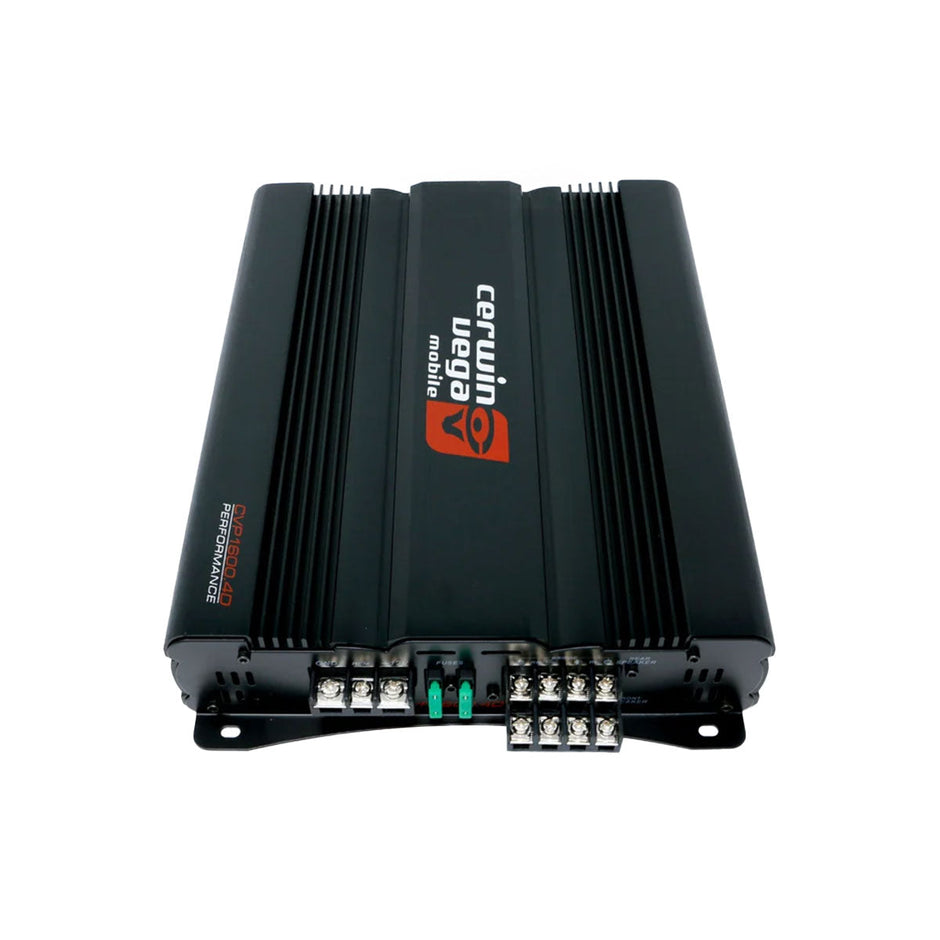 The Cerwin Vega CVP1600.4D amplifier, part of the CVP Series, features the iconic red and white 
