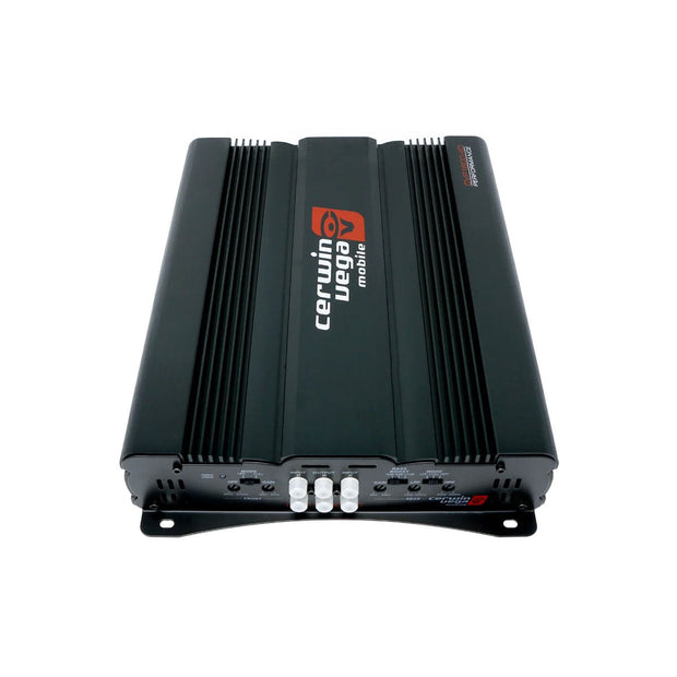 The Cerwin Vega CVP1600.4D, a precision-engineered black mobile audio amplifier, features side and bottom fins, a top red logo, and a front panel with multiple white control knobs and input/output connections for extreme bass.