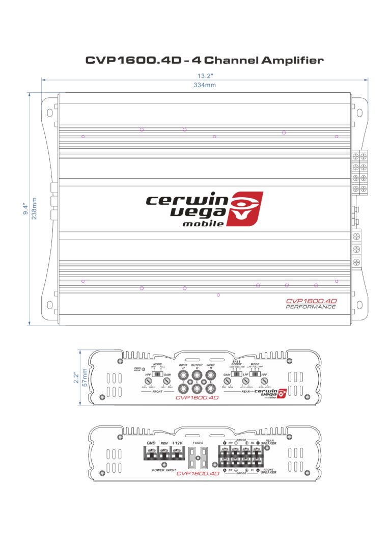 The CVP Series 4-Channel Class AB Amplifier (CVP1600.4D) by Cerwin Vega displays the brand's precision engineering with top view dimensions of 13.2