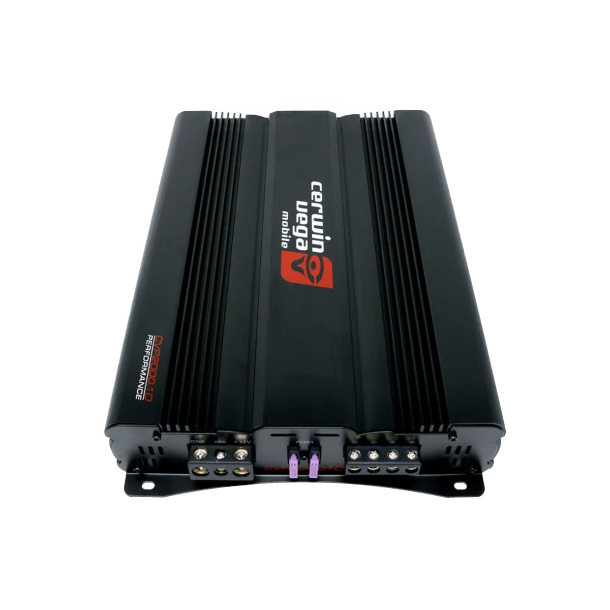 The CVP Series 1-Channel Class AB Amplifier (CVP2000.1D) is sleek and black with cooling fins and a bold 
