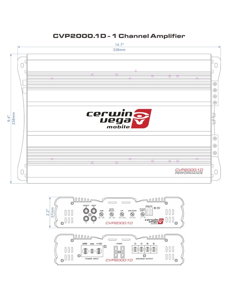Diagram of a CVP Series 1-Channel Class AB Amplifier - CVP2000.1D featuring front and connection side views, dimensions of 14.7