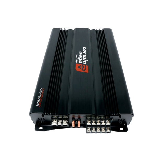 The black CVP2500.5D from Cerwin-Vega features a sleek, rectangular design with "Cerwin Vega Mobile" in red and white. This 5 Channel Class AB Amplifier includes silver screws, ports, and ribbed sections for efficient heat dissipation.