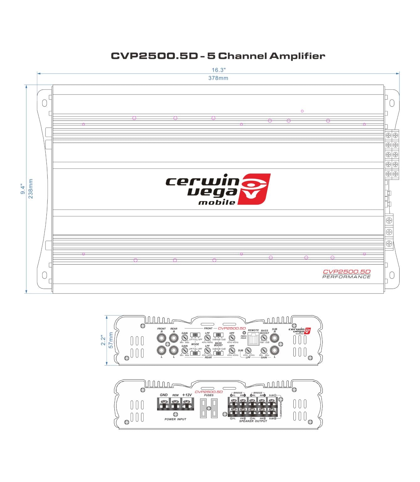 Diagram of the CVP2500.5D, a 5-channel bridgeable Class AB amplifier with bass control knob from the Cerwin-Vega CVP Series, shows top dimensions as 16.9