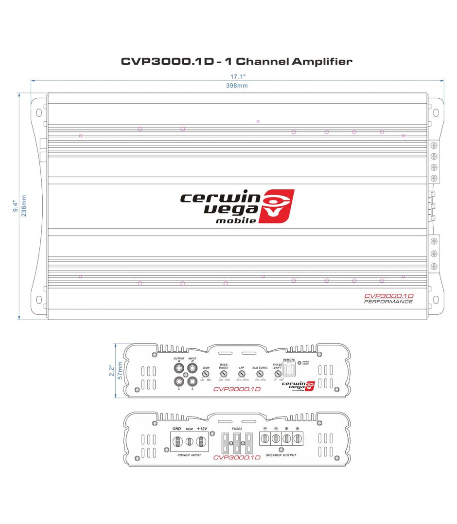 Diagram of the CVP Series 1-Channel Class AB Amplifier - CVP3000.1D by Cerwin Vega Mobile. It features a top view with dimensions: 17.1