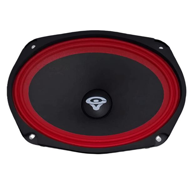 The Pro Series 6"x9" Full Range Speaker 4Ω - CVP69, by CERWIN-VEGA, features a black oval cone with a red rubber surround and a small circular center with a white logo. It has four mounting holes in its black frame, making it stand out against the white background.