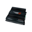 The black Cerwin Vega amplifier features ribbed sides, a top-left logo, and the 
