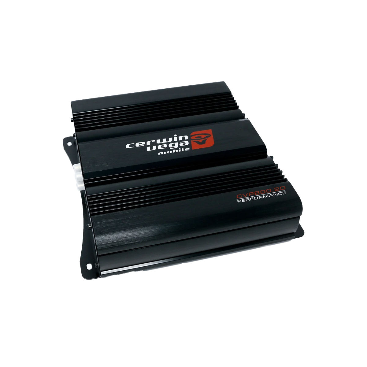 Compact and sleek, the black Cerwin Vega amplifier features a grooved surface with bold branding. The Class AB model 