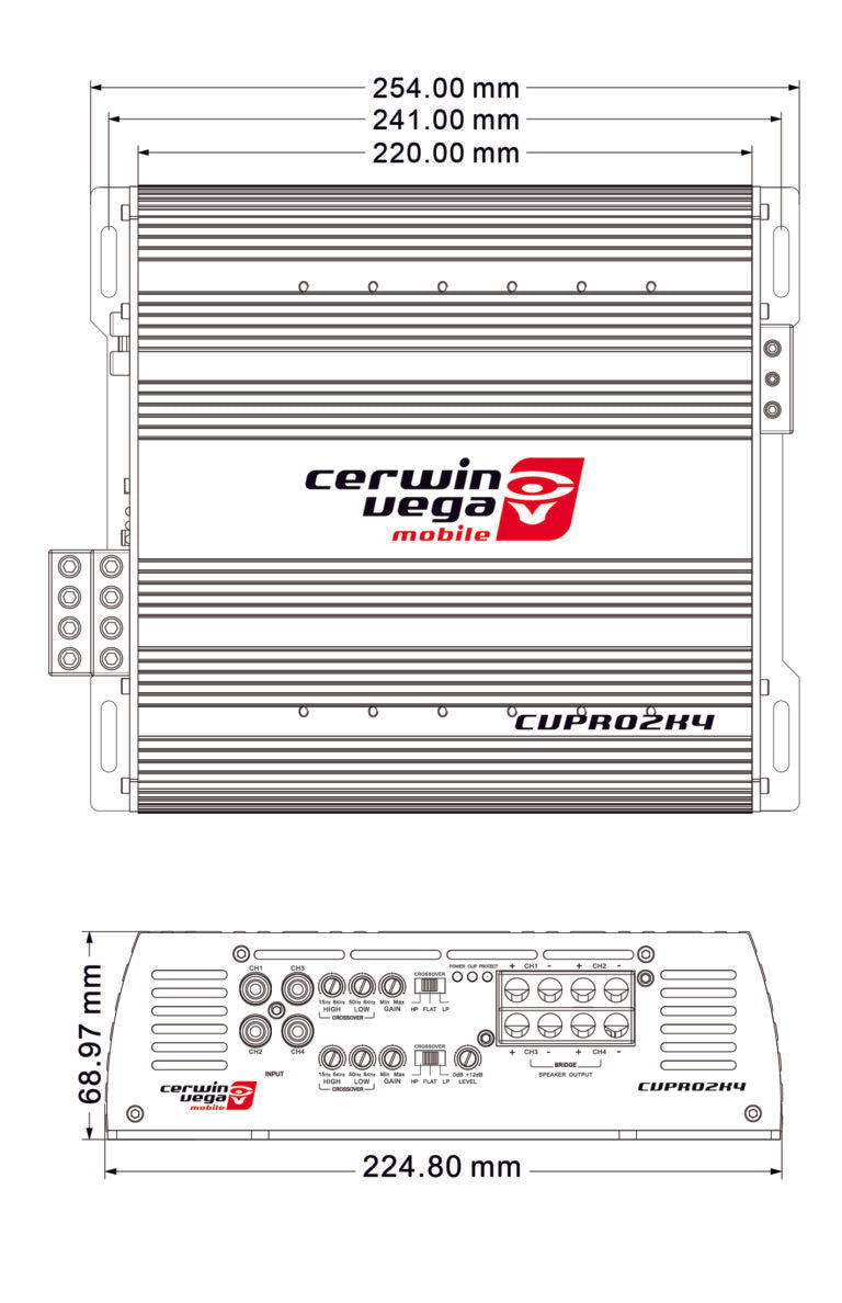 Diagram of the Cerwin Vega CVP Pro 4-Channel Class D Amplifier, labeled 