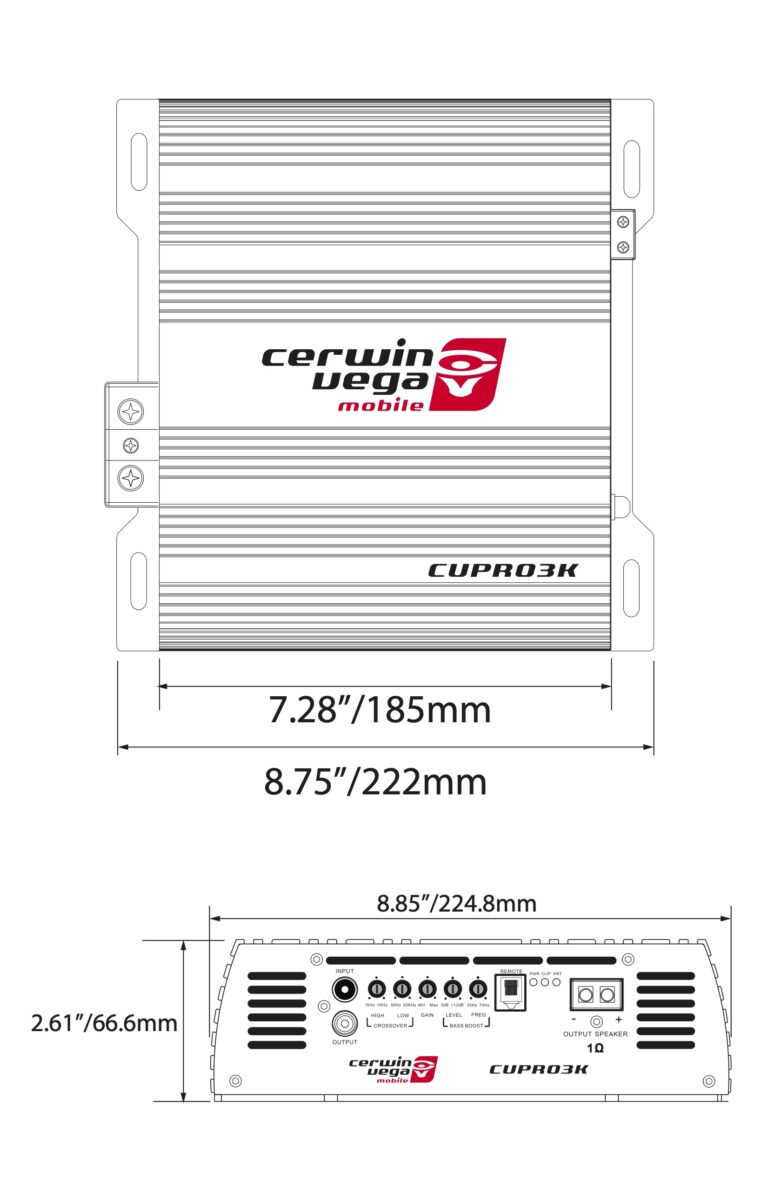 Diagram of the CVP Pro 1-Channel Class-D Amplifier CVPRO3K, compatible with subwoofers. The top view shows dimensions of 7.28