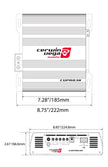 Diagram of the CVP Pro 1-Channel Class-D Amplifier CVPRO3K, compatible with subwoofers. The top view shows dimensions of 7.28