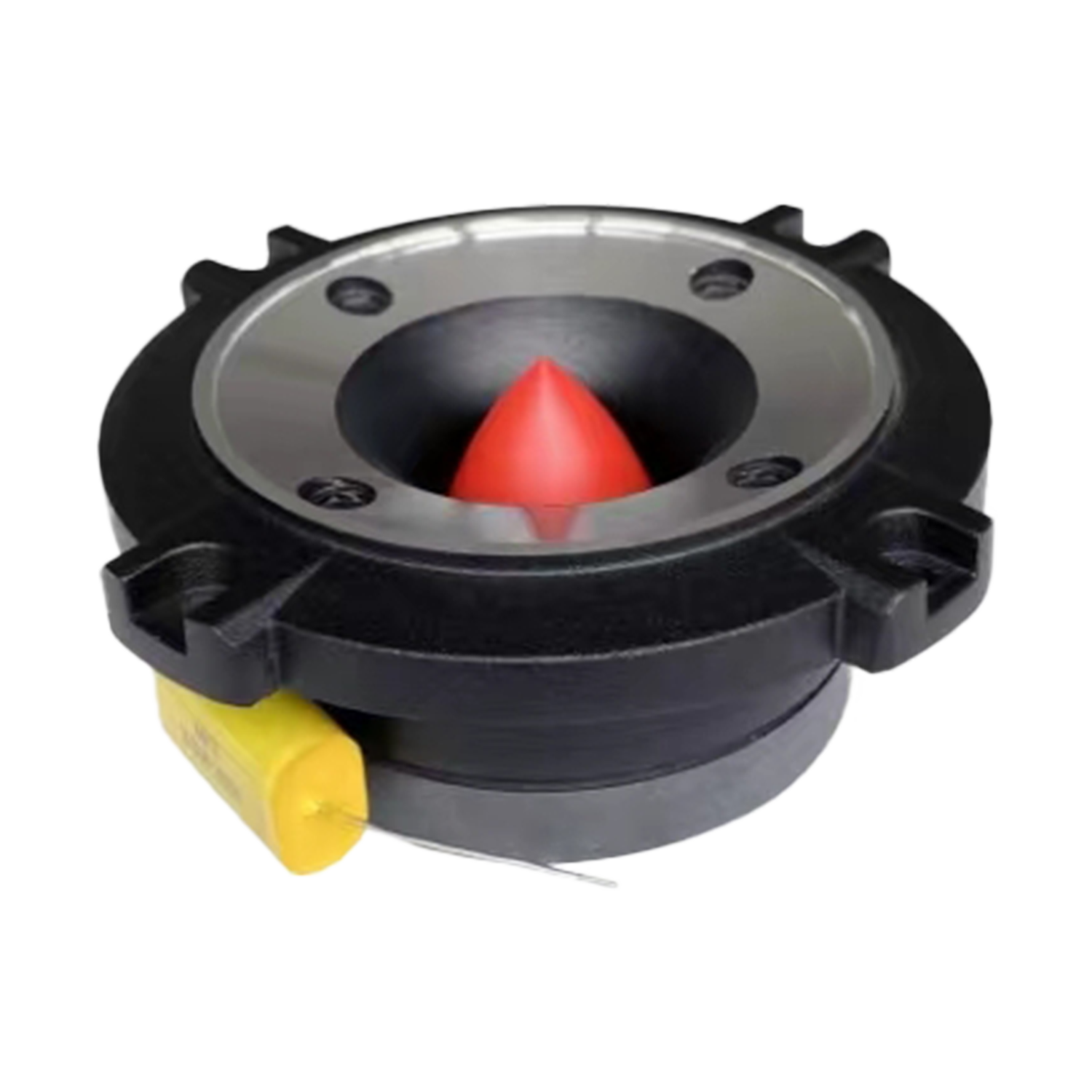 A round black audio driver with a silver rim, red cone-shaped center, and diaphragm-like design is mounted on a flat surface. Resembling the CVPX1 - CVPX Series 1
