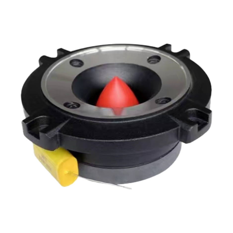 A round black audio driver with a silver rim, red cone-shaped center, and diaphragm-like design is mounted on a flat surface. Resembling the CVPX1 - CVPX Series 1