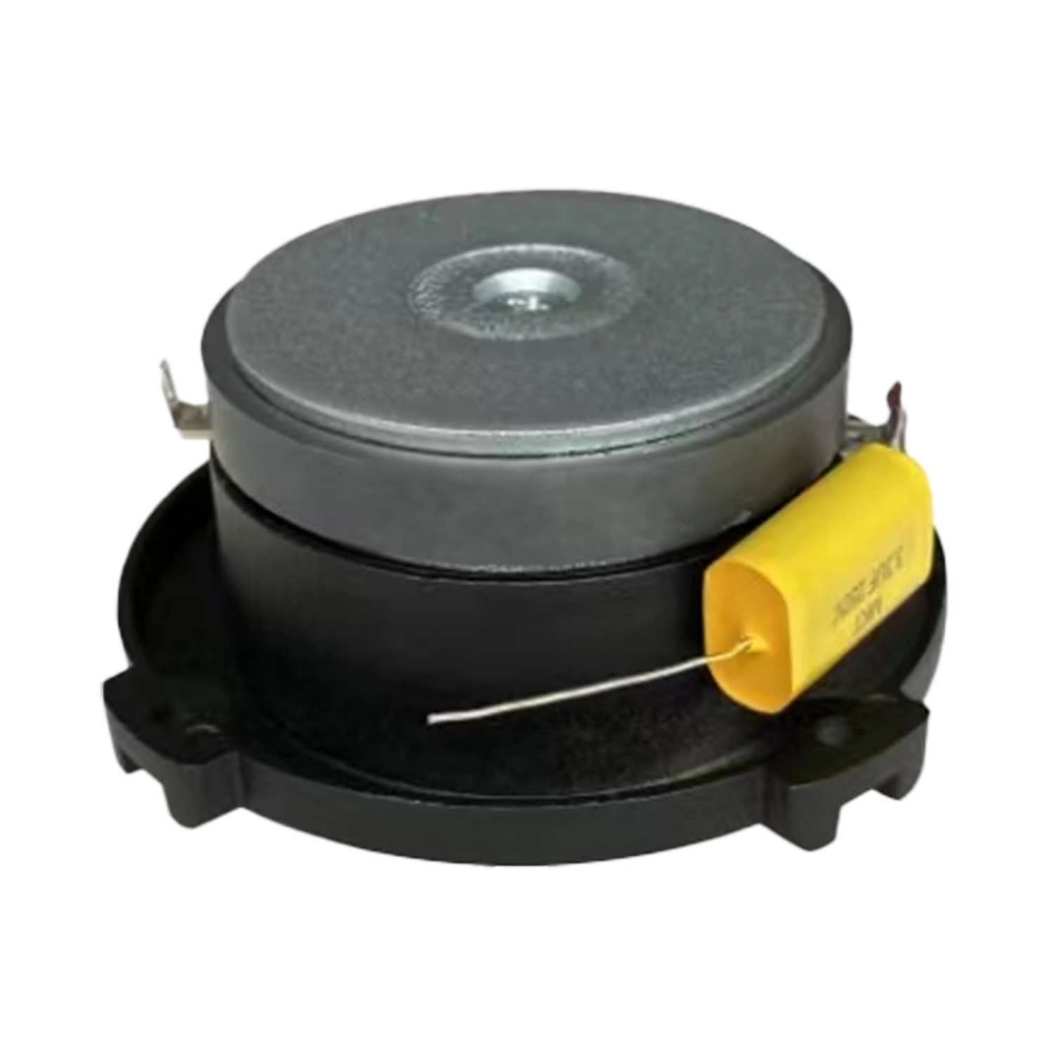 A black circular CVPX1 bullet horn tweeter with a metallic top sits on a round base, resembling precise horn-loaded drivers. A yellow cylindrical capacitor with a metal wire extends outward. The tweeter features three mounting tabs for installation against the plain white background.