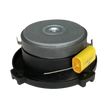 A black circular CVPX1 bullet horn tweeter with a metallic top sits on a round base, resembling precise horn-loaded drivers. A yellow cylindrical capacitor with a metal wire extends outward. The tweeter features three mounting tabs for installation against the plain white background.