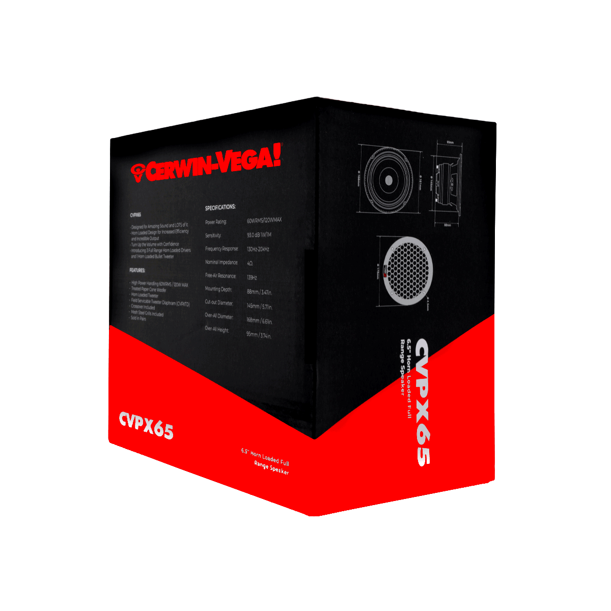 The CVPX65, from the CVPX Series, showcases a diagonal red and black design with the Cerwin-Vega! logo on top. This 6.5