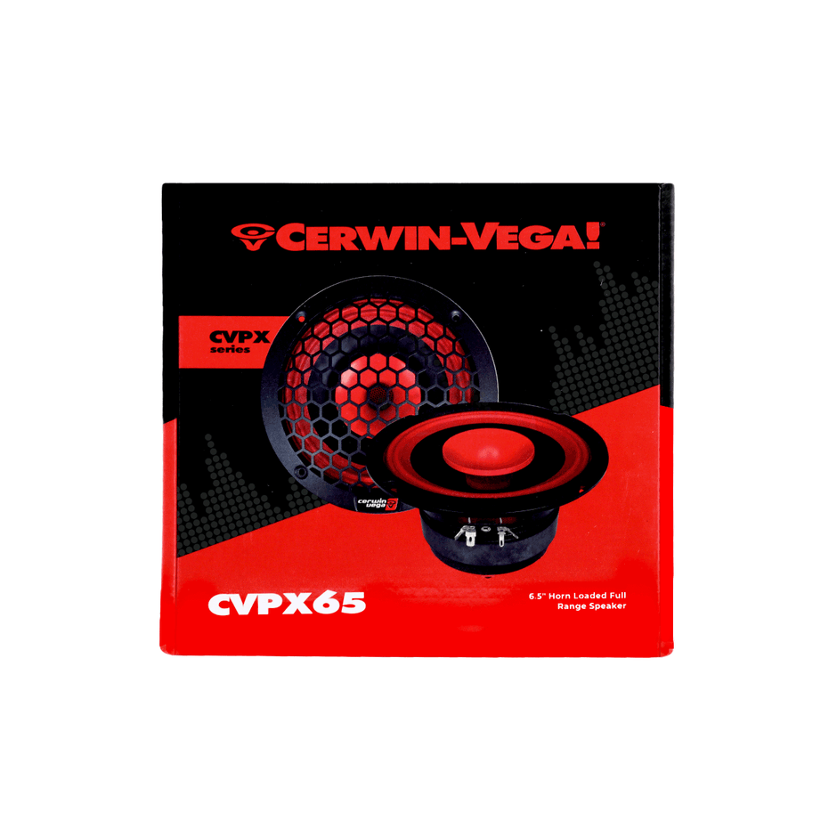 The CVPX65 speaker from the CVPX Series is showcased in a striking black and red box with the Cerwin-Vega logo, displaying a vivid image of the 6.5