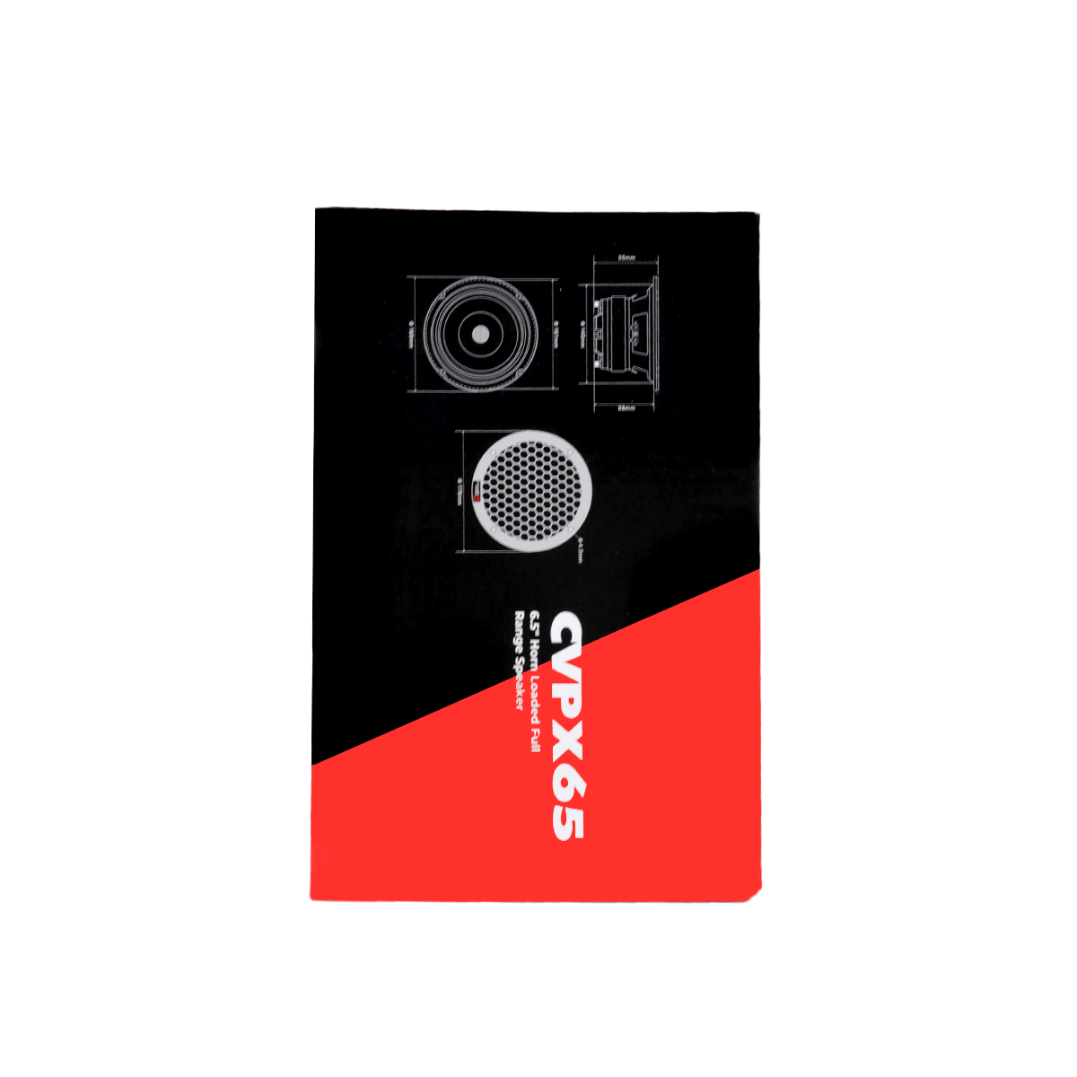 This image features a black and red CVPX Series box with technical drawings of a speaker on the top section. It reads 