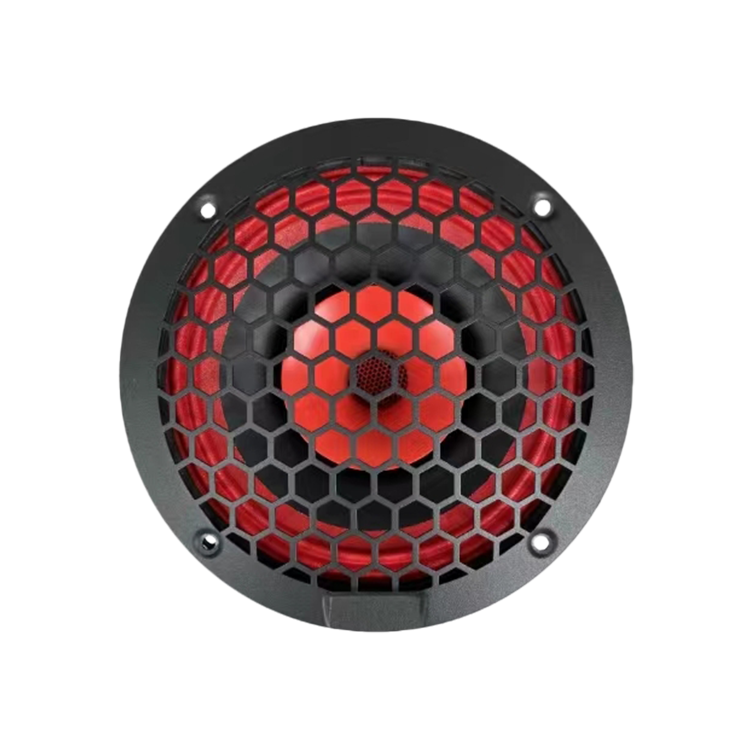 The CVPX65 boasts a vibrant red interior, black hexagonal grille, concentric circles, and metallic rim with screws. Its striking contrast highlights an integrated horn tweeter for enhanced sound fidelity.