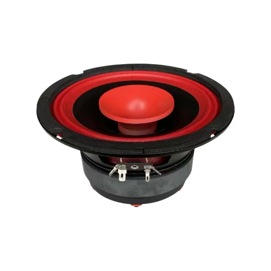 The CVPX Full Range Coaxial with Horn Tweeter features a cone-shaped, circular design with a black outer part and vibrant red inner part. It includes two side terminals for wire connection and is slightly angled upward against a white background.