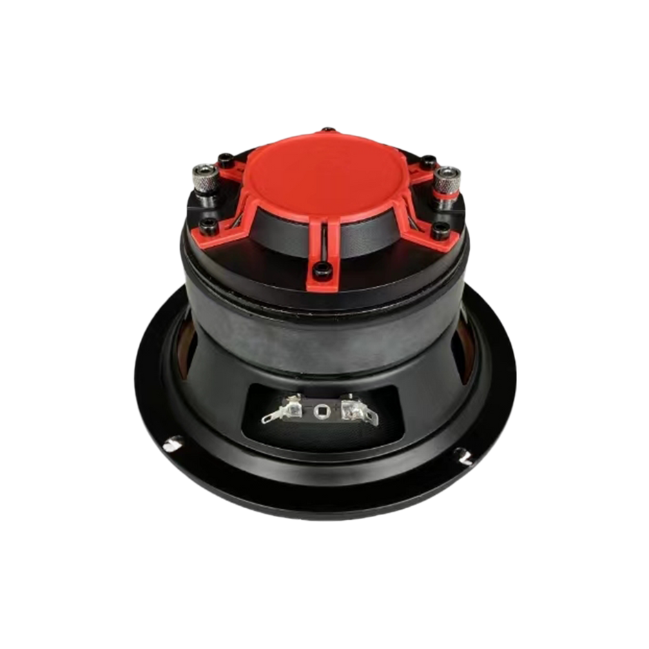 The CVPX Full Range Coaxial with Horn Tweeter features a round, robust design blending black and red elements, including a prominent red cap and black metal housing. Its base showcases a black circular frame with visible connection terminals and an exposed coil beneath the cap.