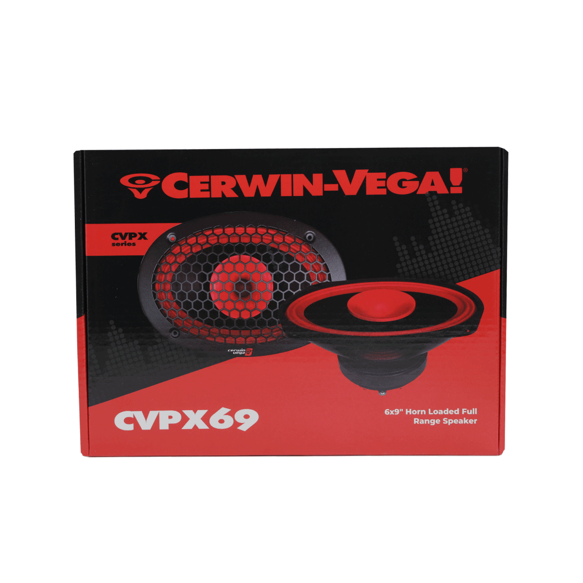 The image displays a Cerwin-Vega! CVPX69 speaker box with bold red and black graphics, featuring the Cerwin-Vega! logo and a dynamic speaker image with a red accent. It highlights the CVPX Series' 6