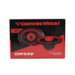 The image displays a Cerwin-Vega! CVPX69 speaker box with bold red and black graphics, featuring the Cerwin-Vega! logo and a dynamic speaker image with a red accent. It highlights the CVPX Series' 6