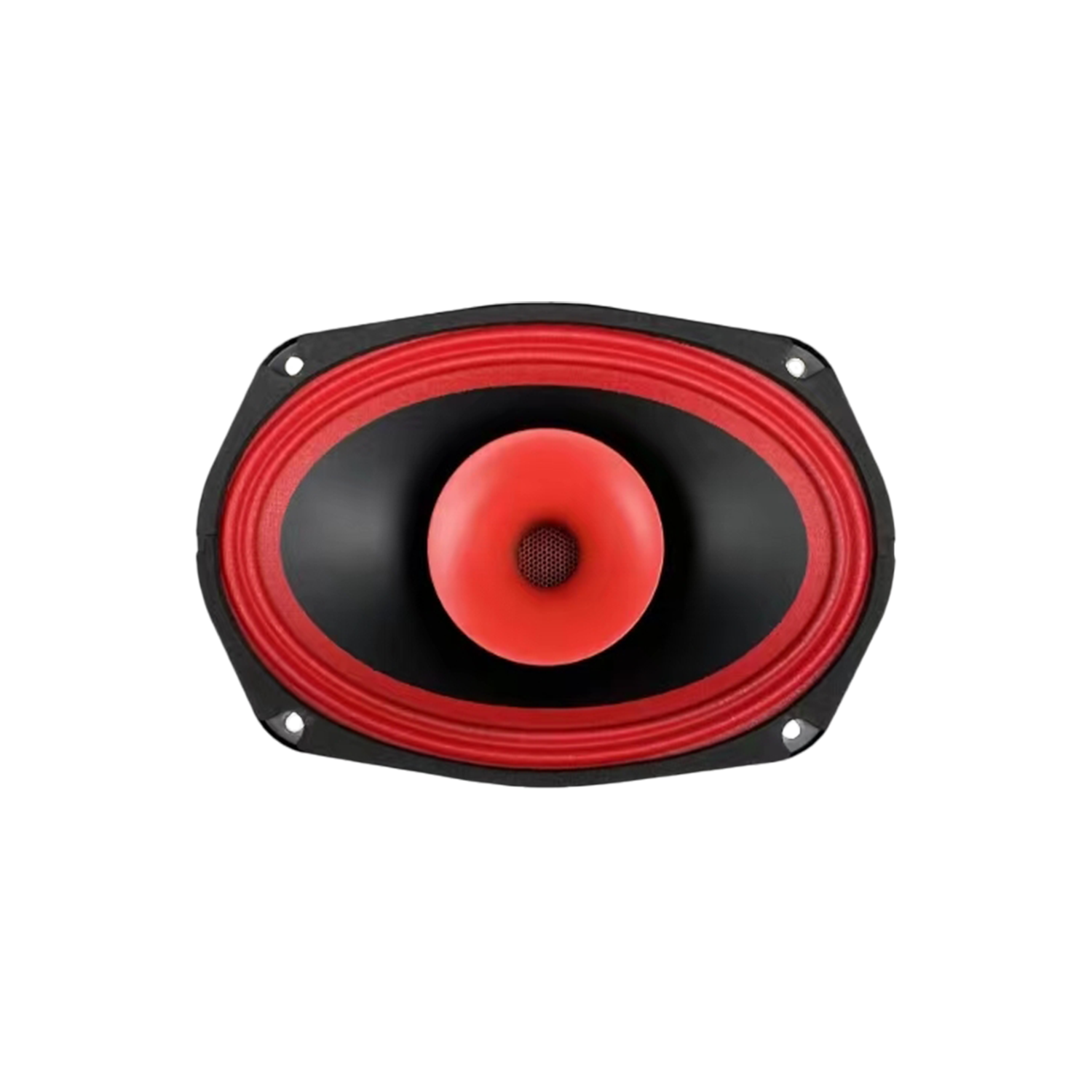 The CVPX69 speaker from the CVPX Series features a black body with a bold red cone, surrounded by a red ring. Its design includes four visible screw holes on the black mount, ensuring exceptional audio performance. The speaker is isolated on a white background.