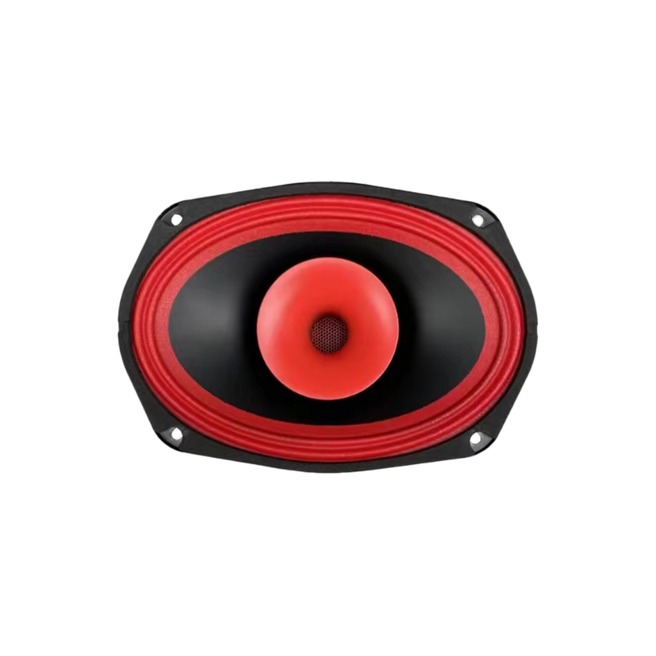 The CVPX Full Range Coaxial with Horn Tweeter features an oval black and red design with a mesh-covered cone, contrasting red rim, and textured central design. It includes four corner screws for mounting.