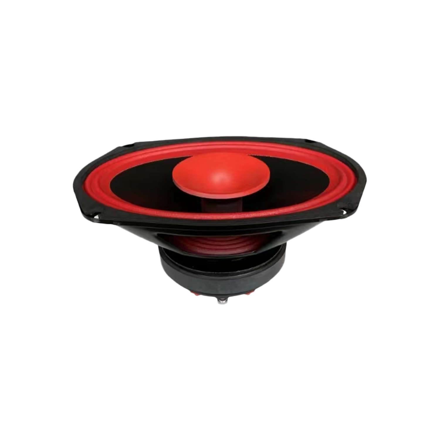 The CVPX Full Range Coaxial with Horn Tweeter is an oval speaker featuring a red dust cap and cone in the center. It has a black frame and surround, and is positioned against a plain white background.