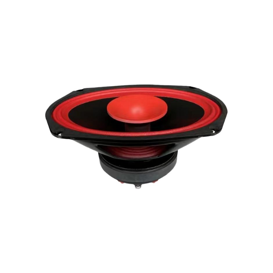 The CVPX Full Range Coaxial with Horn Tweeter is an oval speaker featuring a red dust cap and cone in the center. It has a black frame and surround, and is positioned against a plain white background.