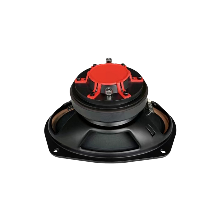 A CVPX Full Range Coaxial with Horn Tweeter, featuring a side view of a round black diaphragm in a black and red frame. It includes a red center cap with visible screws, mounted on a curved black bracket, against a plain white background.