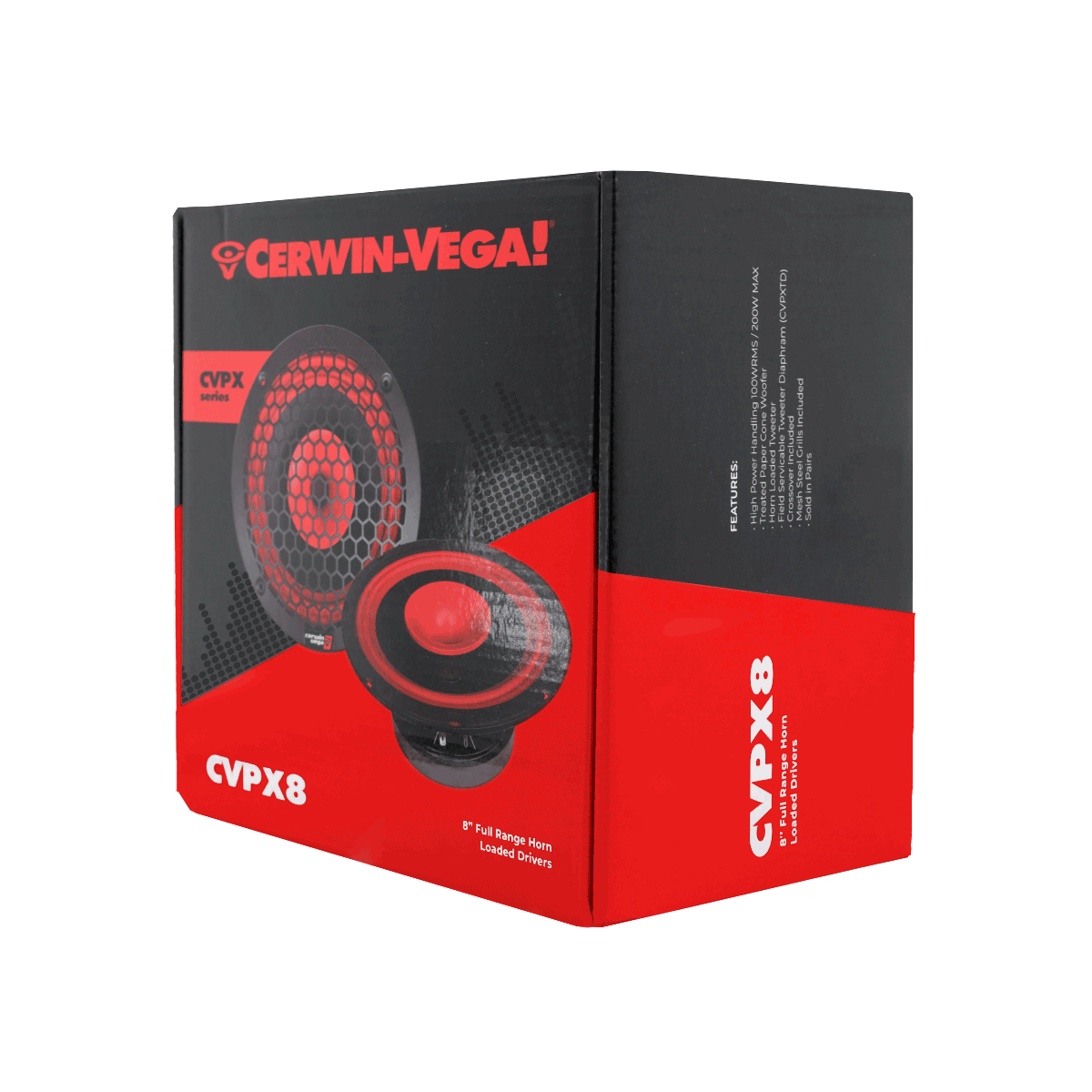 The CVPX8 speaker packaging features a bold red and black design, showcasing the horn-loaded 8