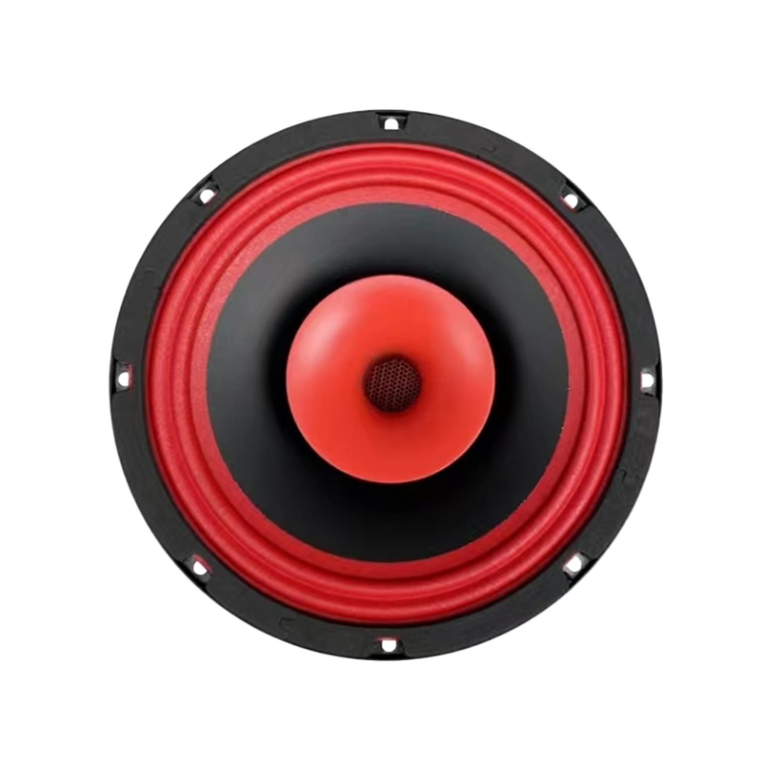 The Cerwin-Vega CVPX8 speaker, part of the CVPX Series, features a striking design with a black outer casing, vibrant red cone, and dome-shaped red dust cap. Its bold contrast and symmetrical look highlight its horn-loaded capability.