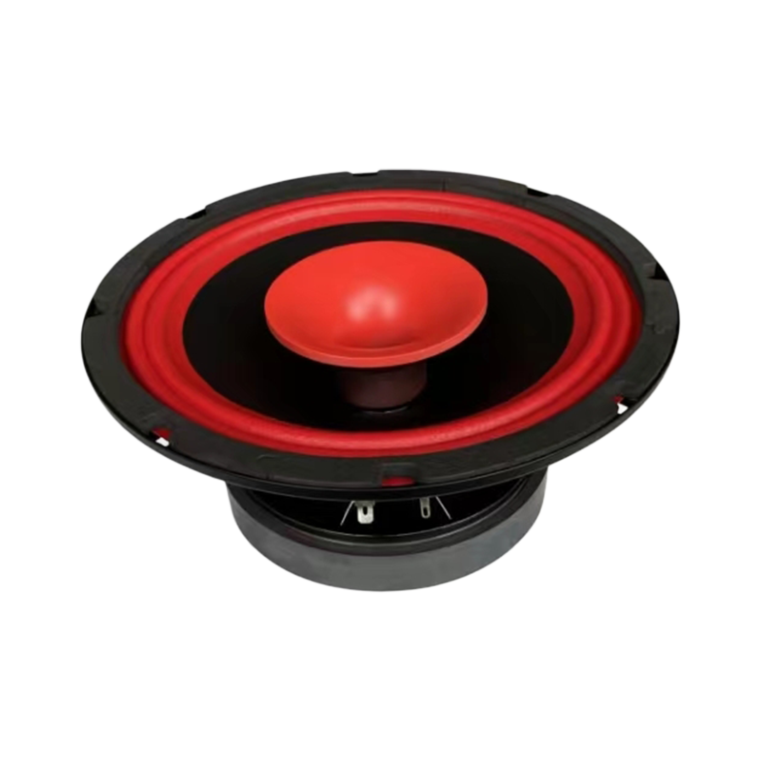 The CVPX8 from Cerwin-Vega is a visual masterpiece in red and black, showcasing a large cone with a red center dome and rubber surround. Its black frame integrates smoothly, while visible wires and the rear magnet contrast against the plain white backdrop.