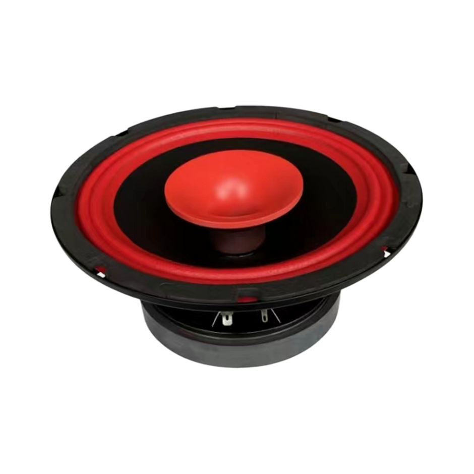 The CVPX Full Range Coaxial with Horn Tweeter is a round speaker featuring a prominent red cone in the center, surrounded by a black frame and red outer edge. It has a metallic, vented back housing and is shown isolated against a white background.