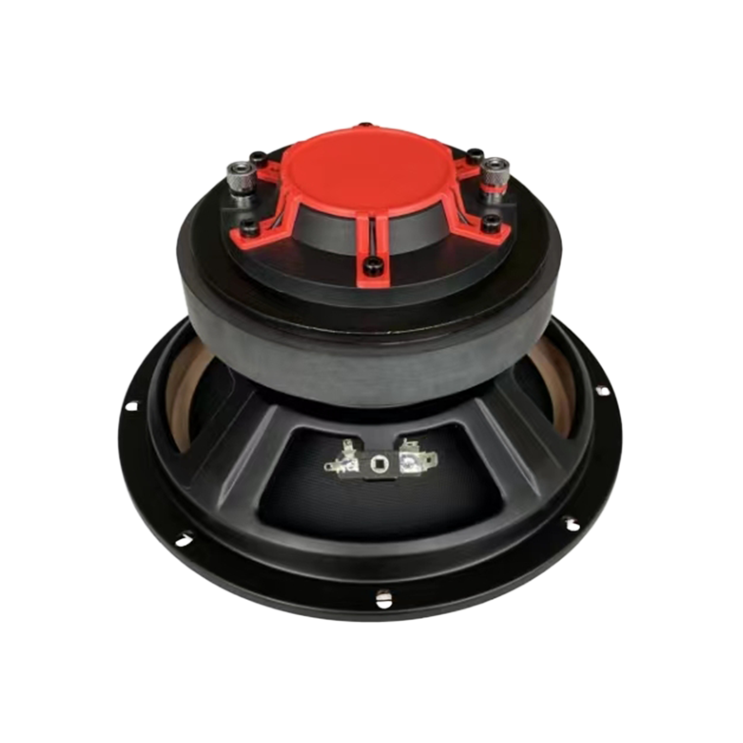 Close-up of a CVPX8 from the CVPX Series, showcasing its black and red design with a circular frame. The speaker has visible wire connectors and mounting points, all set against a white background to emphasize its details.