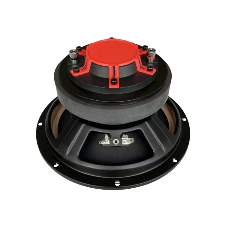 The CVPX Full Range Coaxial with Horn Tweeter boasts a black and red design, visible from the back with a large magnet and sturdy metal frame. Its circular form includes terminal connectors, with a red center contrasting the black exterior, hinting at high-quality sound performance.