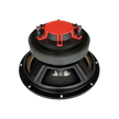 The CVPX Full Range Coaxial with Horn Tweeter boasts a black and red design, visible from the back with a large magnet and sturdy metal frame. Its circular form includes terminal connectors, with a red center contrasting the black exterior, hinting at high-quality sound performance.