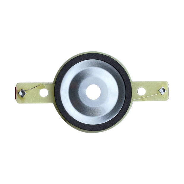 The CVPXTD, a replacement tweeter diaphragm for CVPX Series models, features a metallic dome with a central bulge bordered by a black rubber ring. It's attached to a beige bracket with dual holes and wires on each side against a white backdrop.